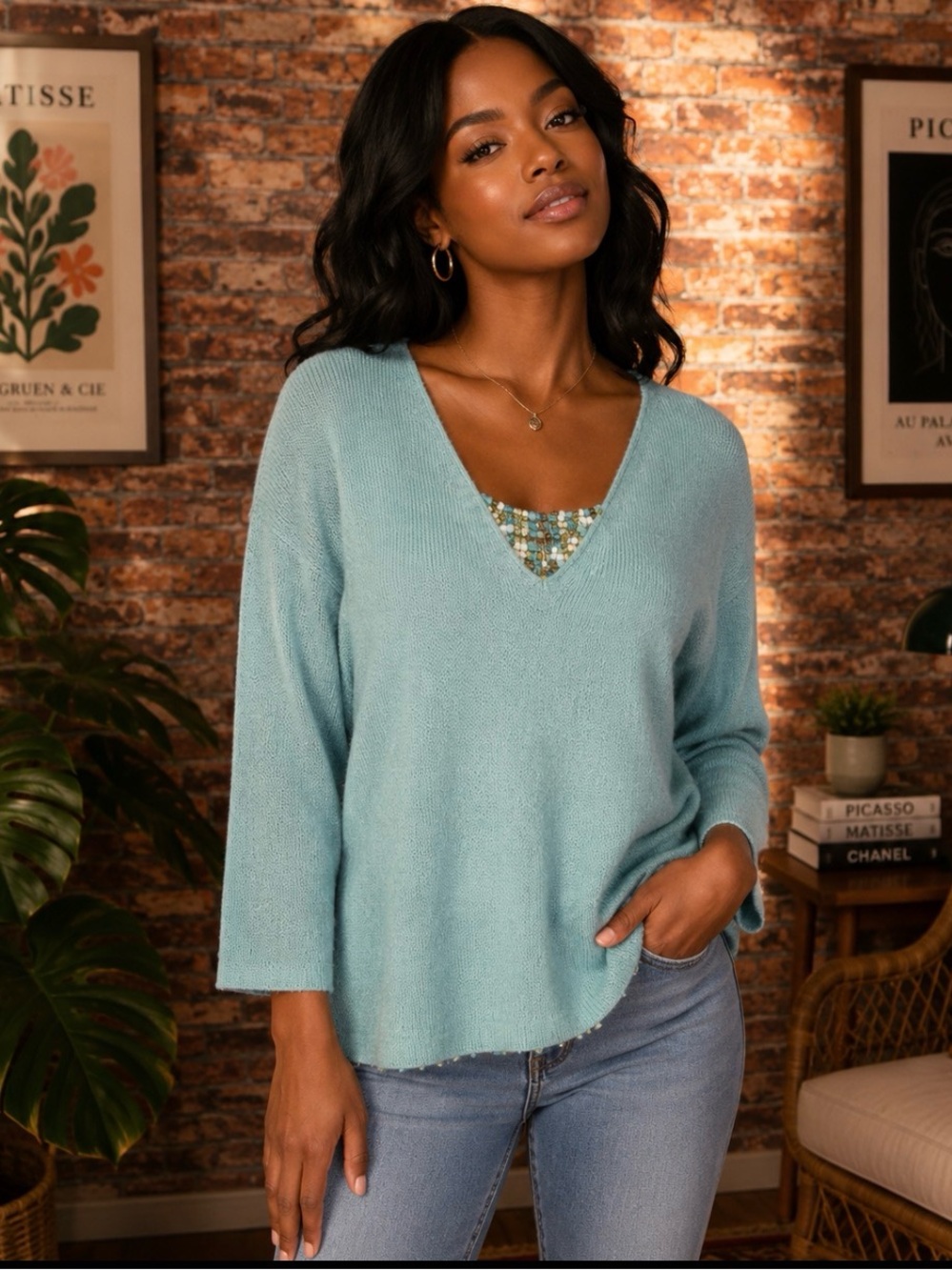 Christopher & Banks Sky Blue Beaded V-Neck Sweater
